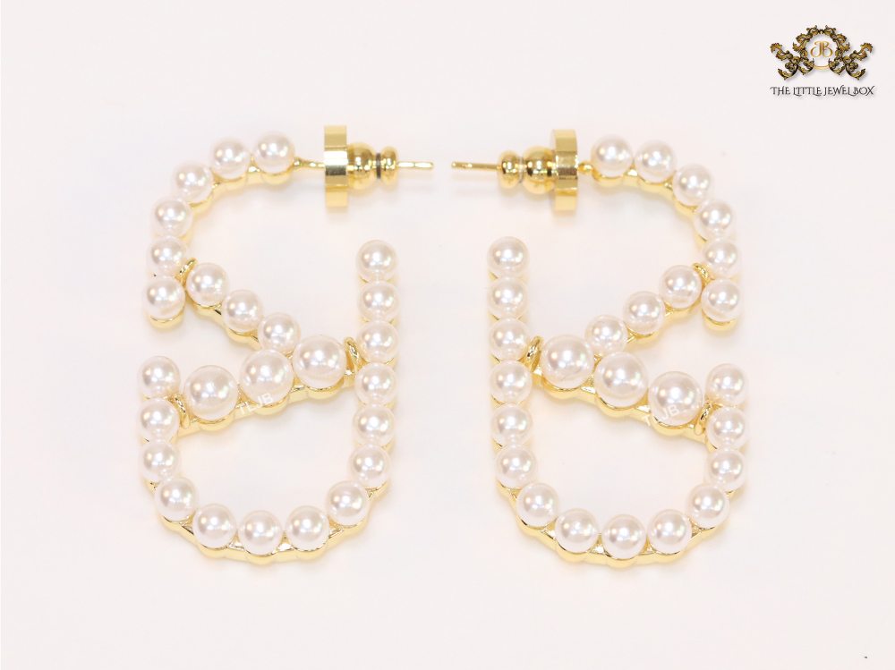 Alphabet V pearl embellished hoops