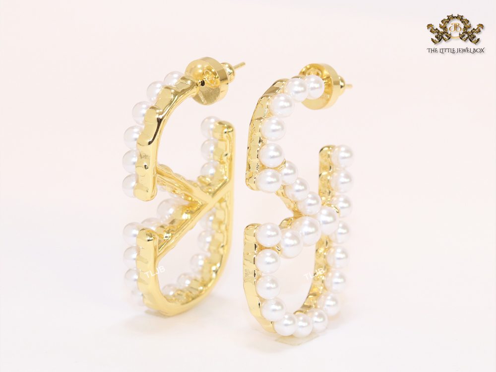 Alphabet V pearl embellished hoops