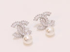 Double C 17 mm baguette CZ with pearl platinum earrings