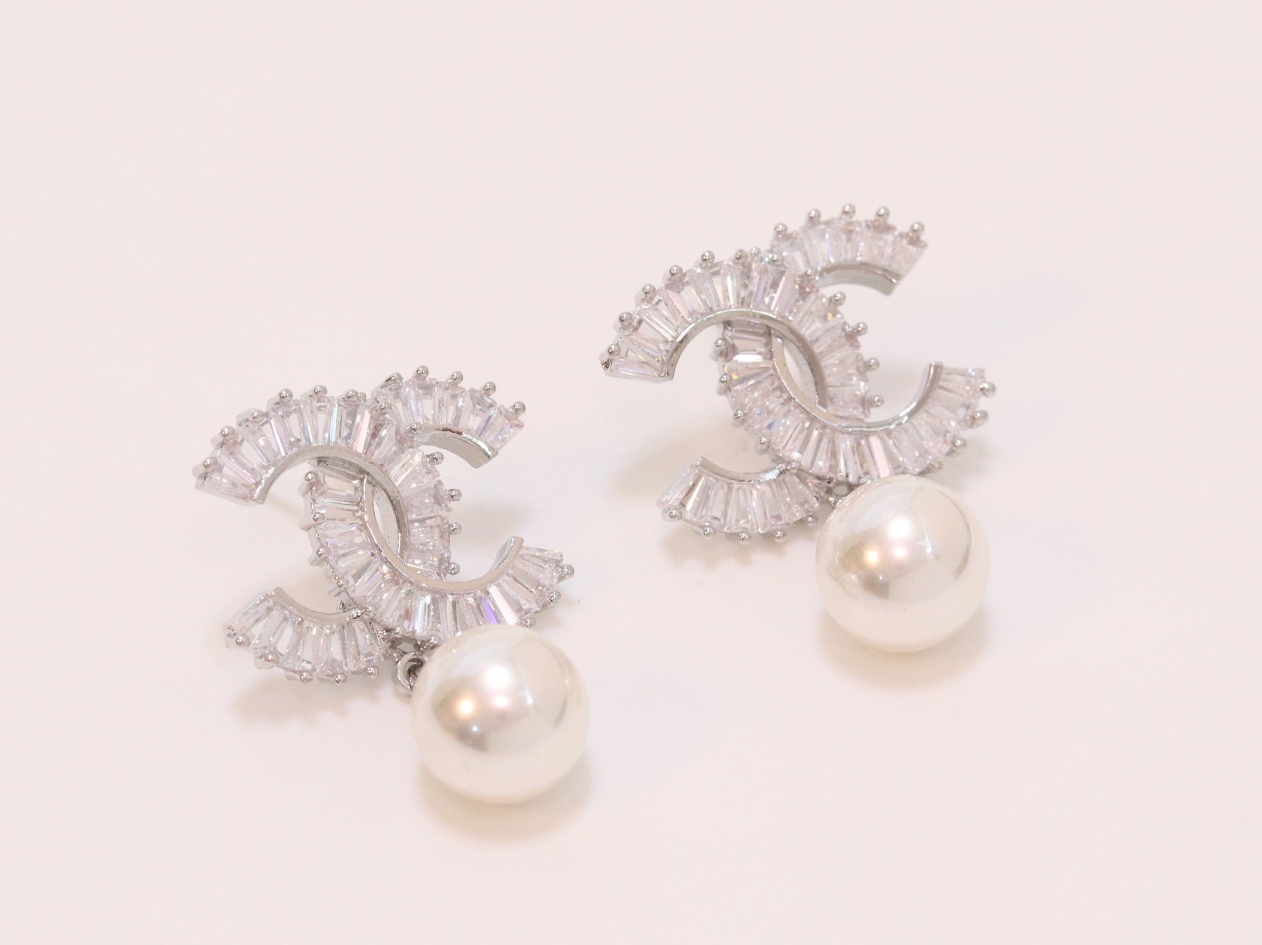Double C 17 mm baguette CZ with pearl platinum earrings