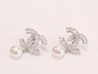 Double C 17 mm baguette CZ with pearl platinum earrings