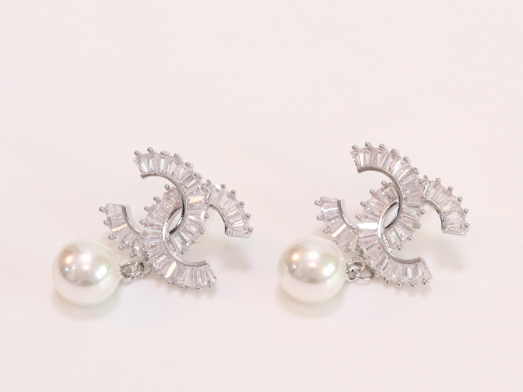 Double C 17 mm baguette CZ with pearl platinum earrings