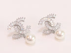 Double C 17 mm baguette CZ with pearl platinum earrings
