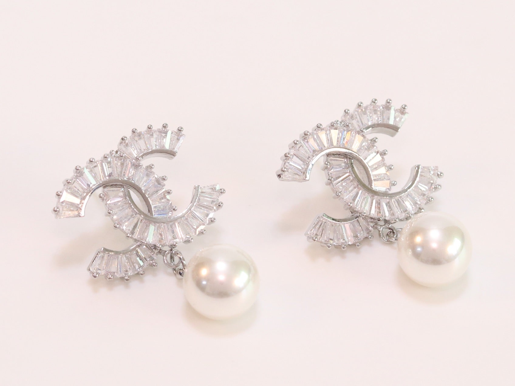 Double C 17 mm baguette CZ with pearl platinum earrings