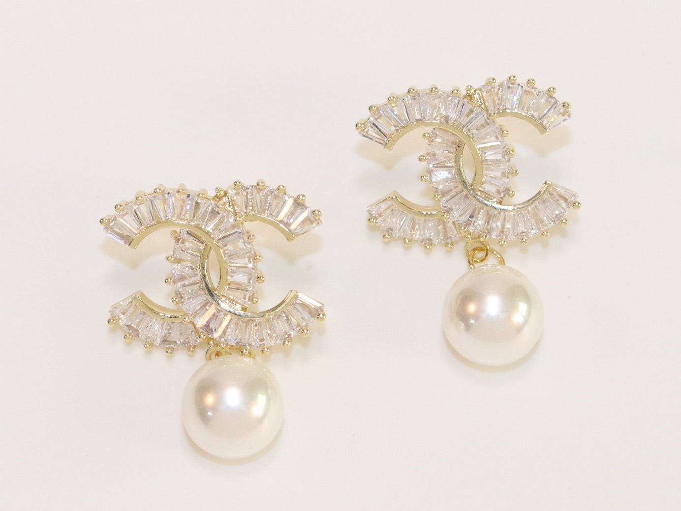 Double C 17 mm baguette CZ with pearl gold earrings