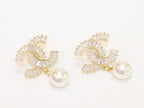 Double C 17 mm baguette CZ with pearl gold earrings