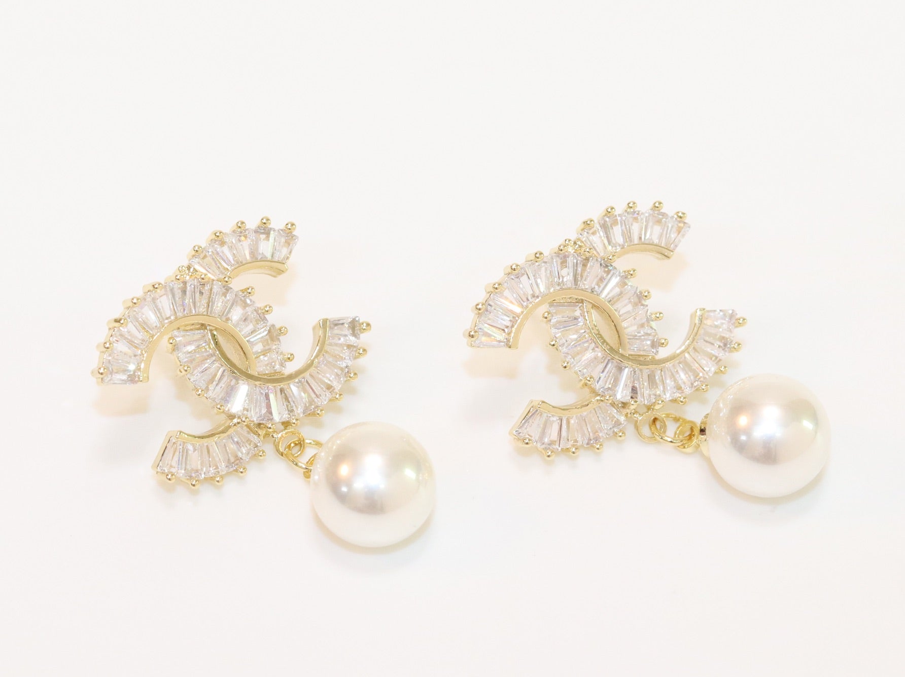 Double C 17 mm baguette CZ with pearl gold earrings