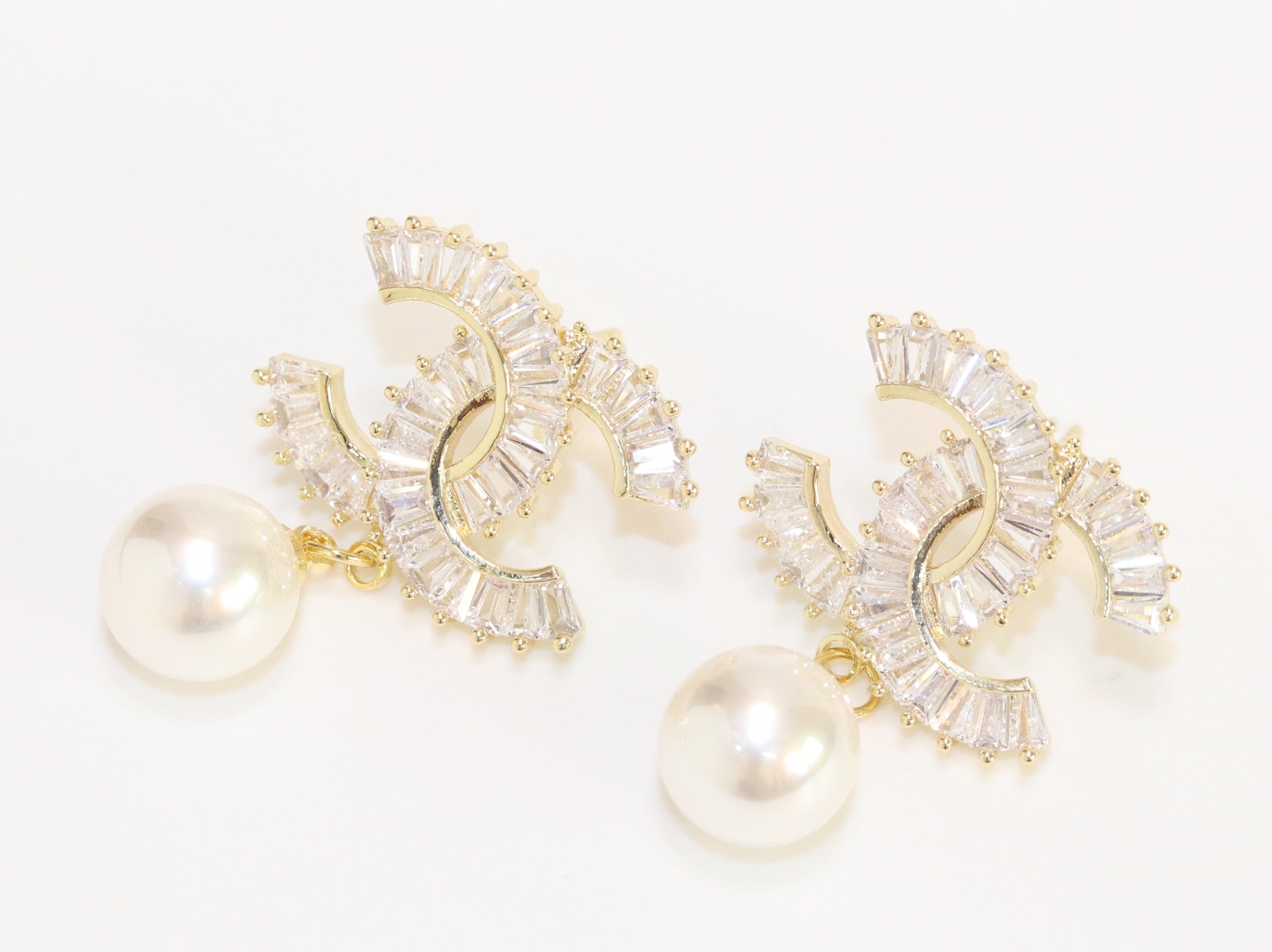 Double C 17 mm baguette CZ with pearl gold earrings