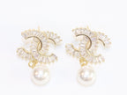 Double C 17 mm baguette CZ with pearl gold earrings