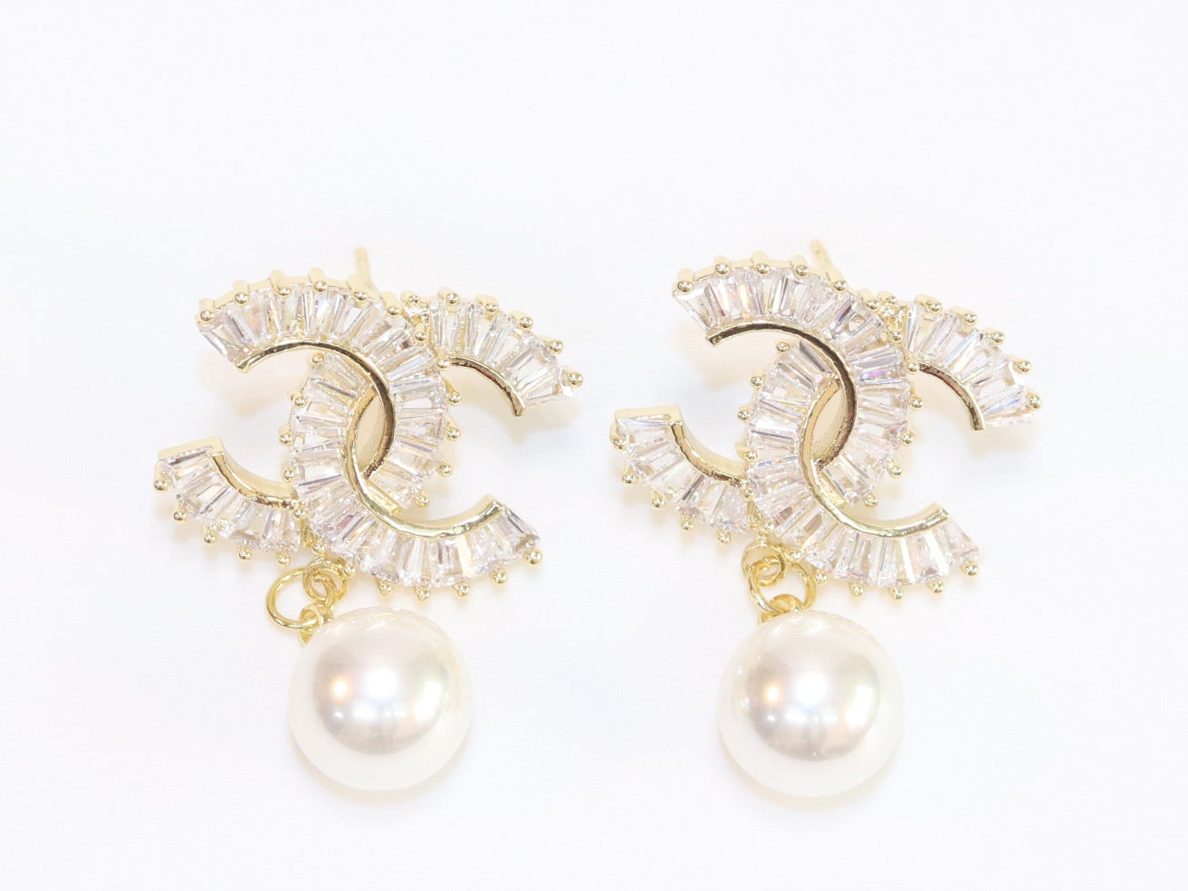 Double C 17 mm baguette CZ with pearl gold earrings