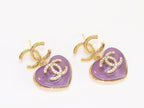 Double C on dangling purple heart gold earrings with CZ