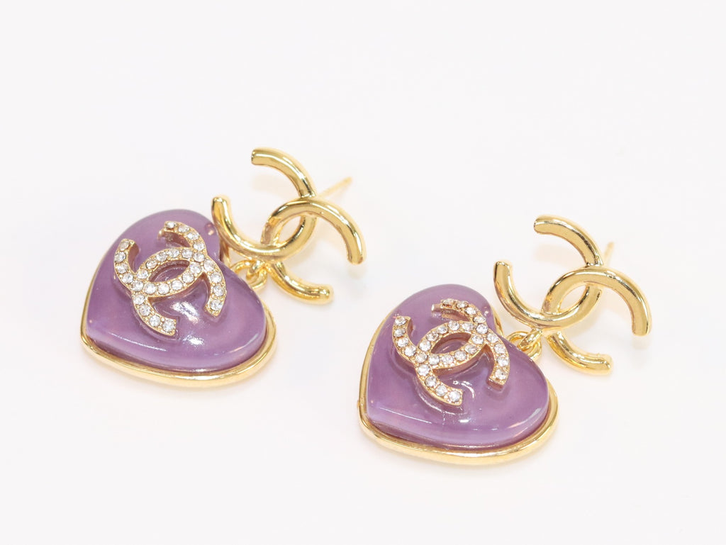 Double C on dangling purple heart gold earrings with CZ