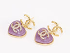 Double C on dangling purple heart gold earrings with CZ
