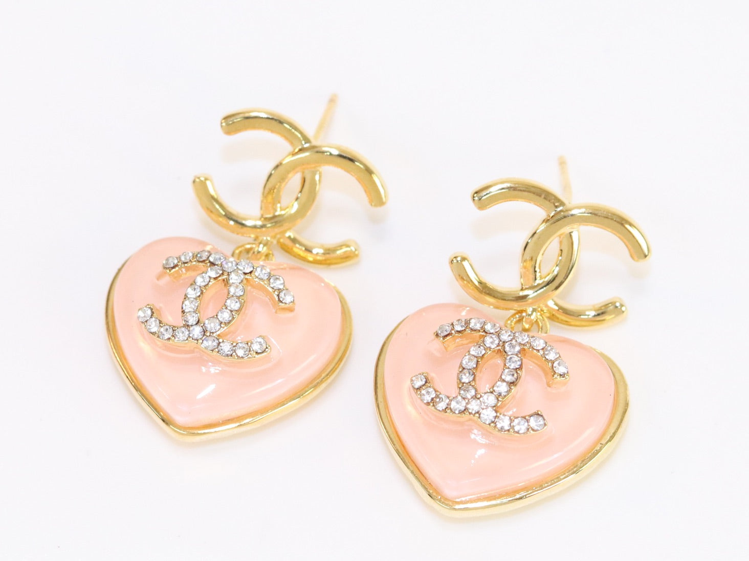 Double C on dangling pink heart gold earrings with CZ