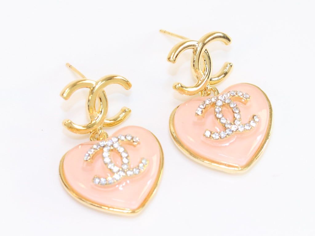 Double C on dangling pink heart gold earrings with CZ