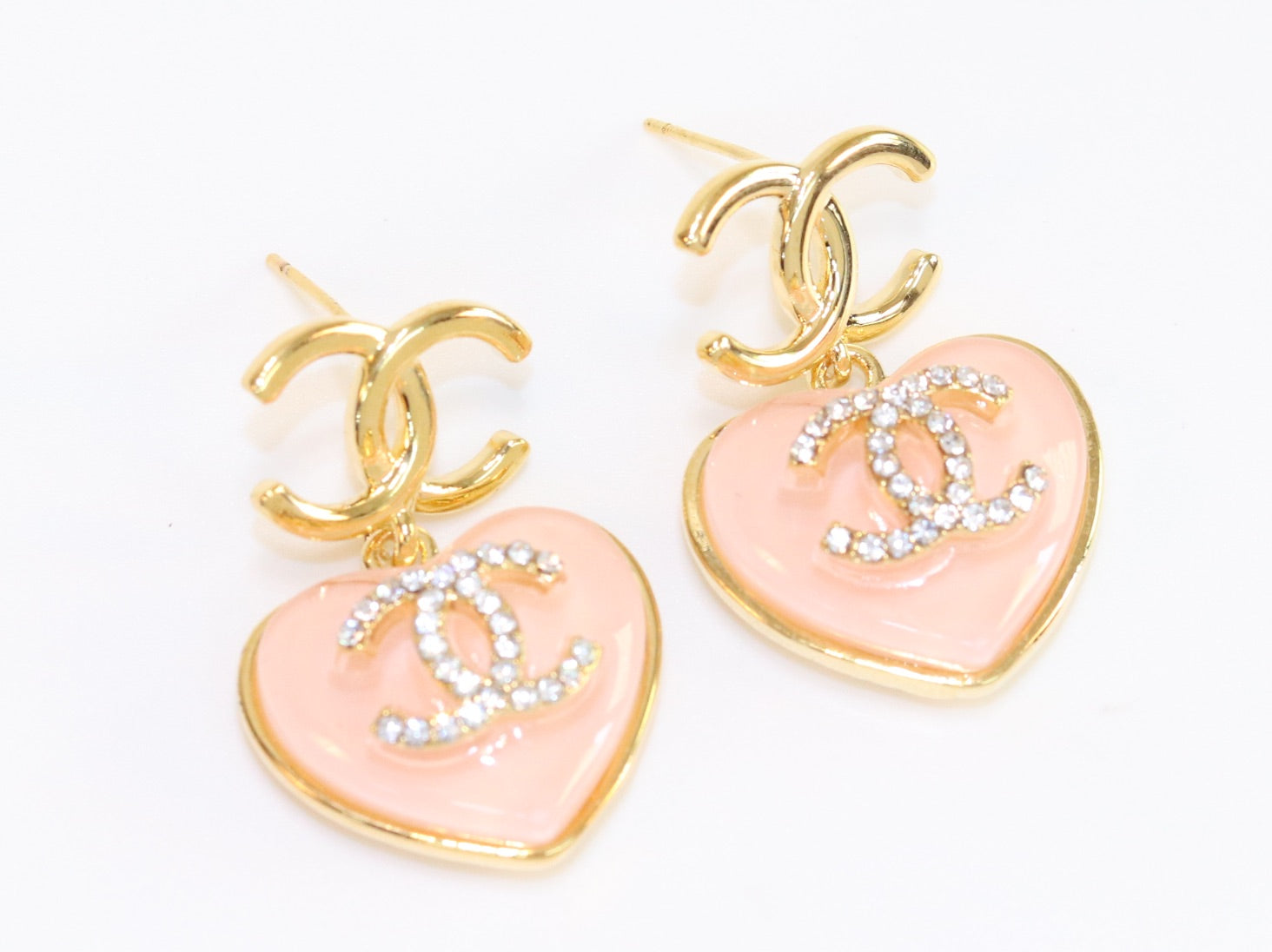Double C on dangling pink heart gold earrings with CZ