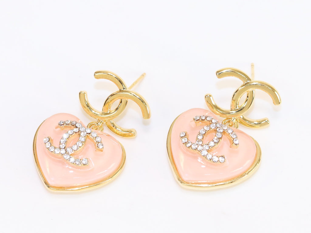 Double C on dangling pink heart gold earrings with CZ