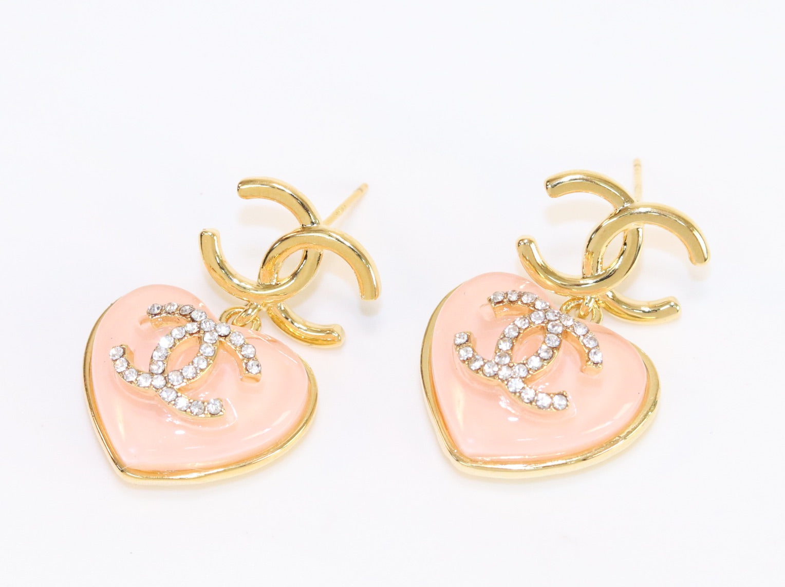 Double C on dangling pink heart gold earrings with CZ