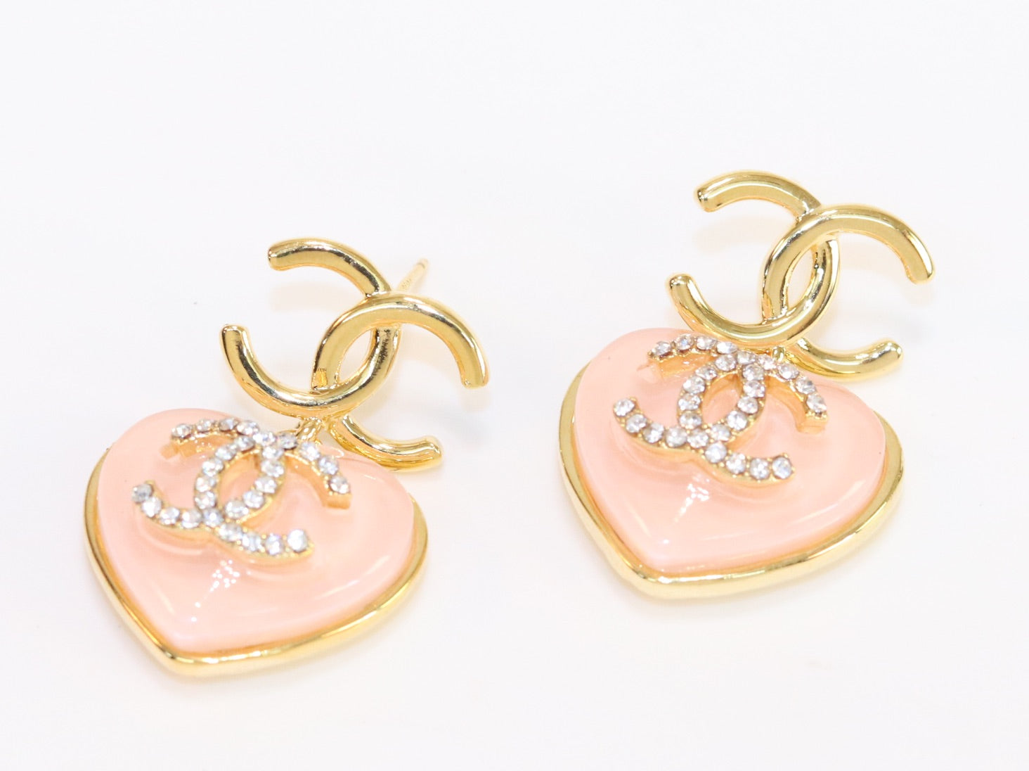 Double C on dangling pink heart gold earrings with CZ
