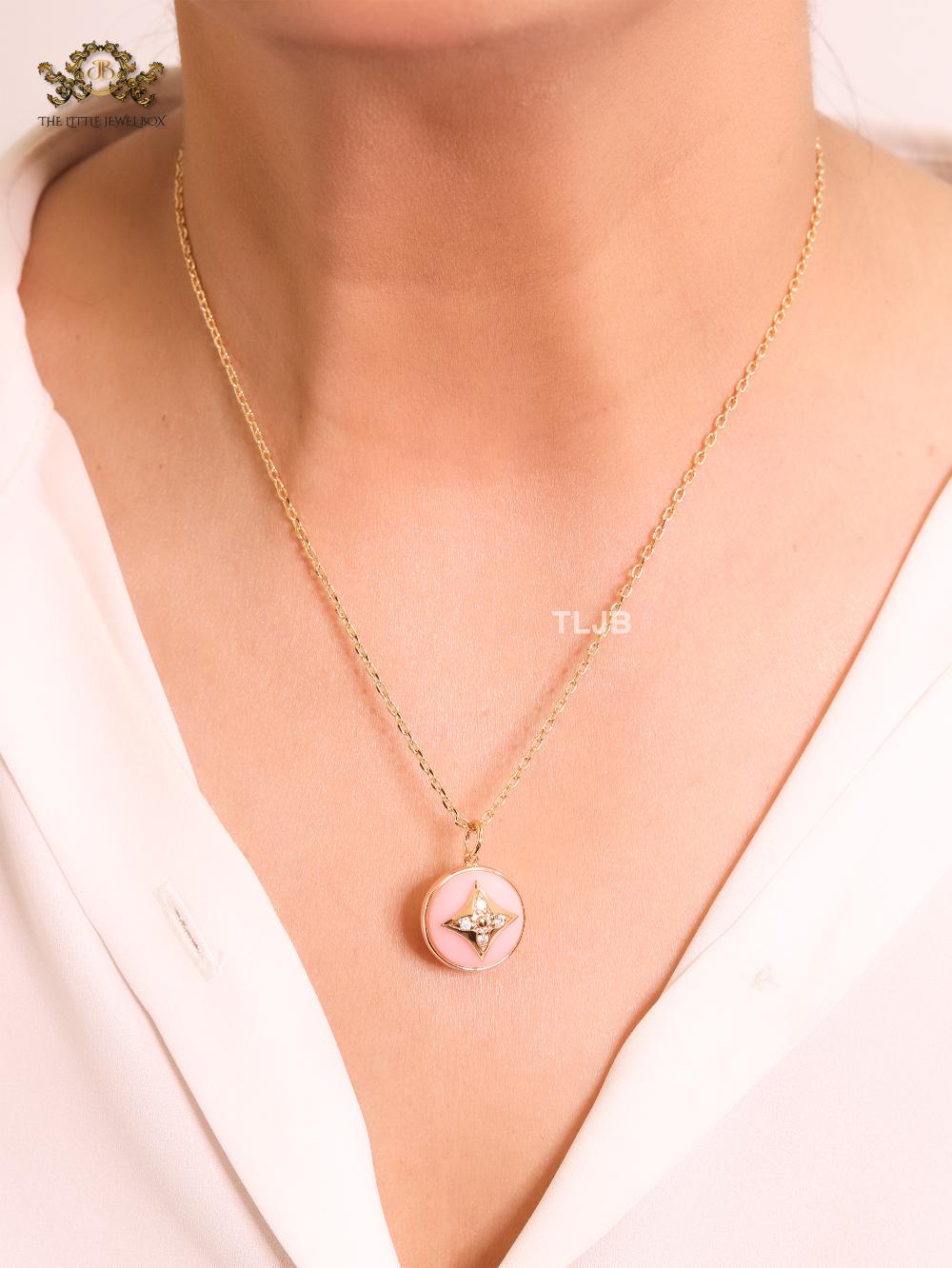 Pink clover with enamel chain