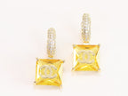 Double C on dangling yellow square gold earrings with CZ