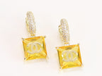 Double C on dangling yellow square gold earrings with CZ