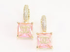 Double C on dangling pink square gold earrings with CZ