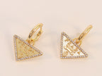 Gold Dangling Triangle earrings on small hoops with CZ