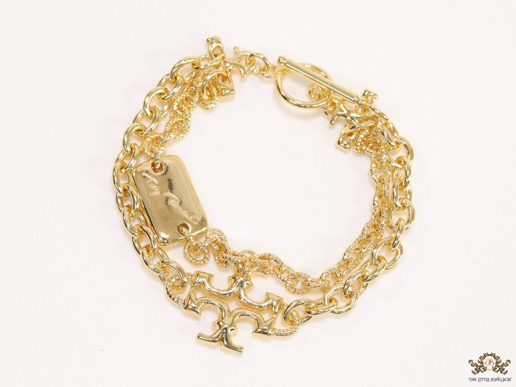 Gold plated two layered link chain bracelet with T motif