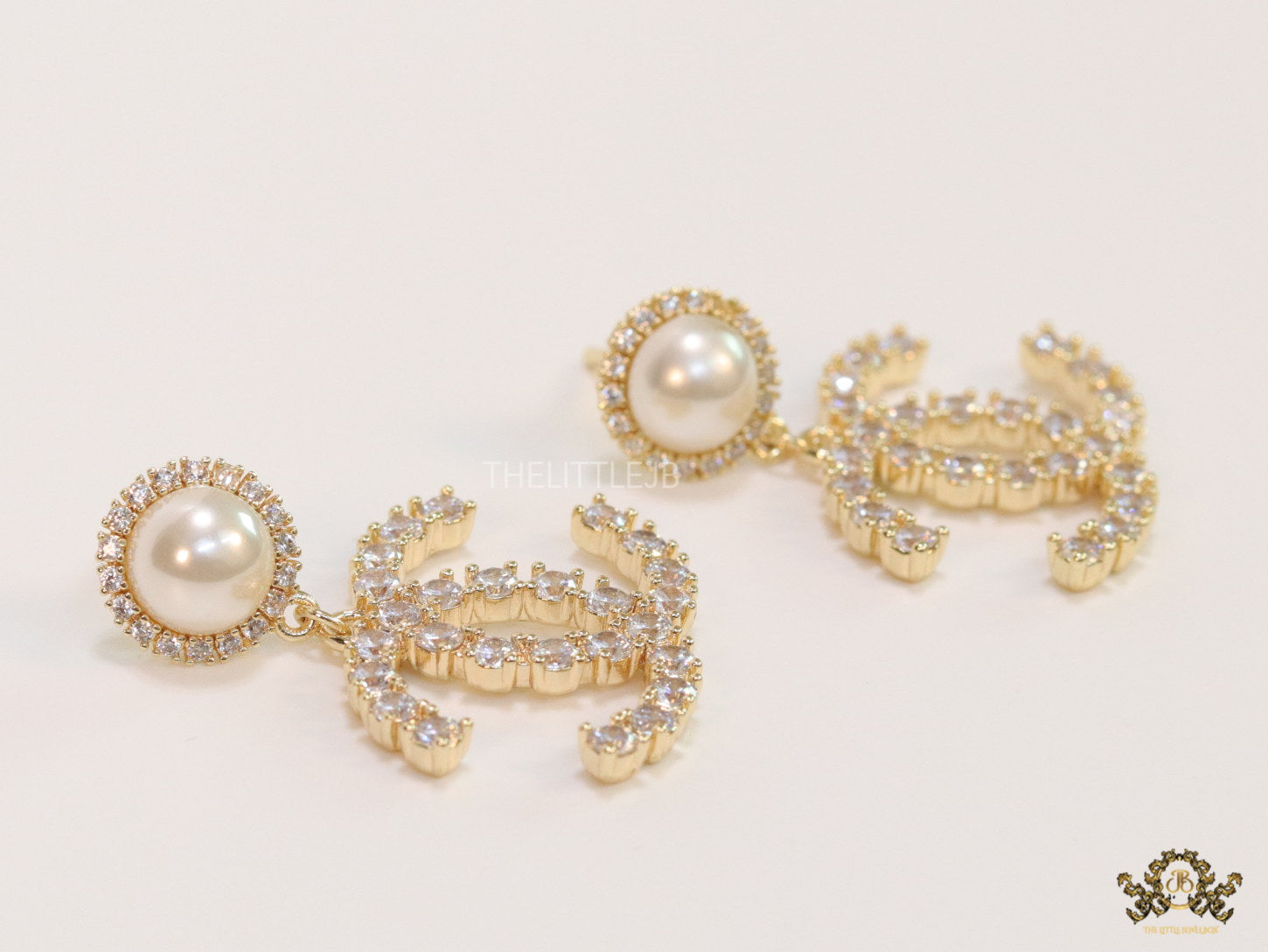 Dainty cz and pearl earrings with double C