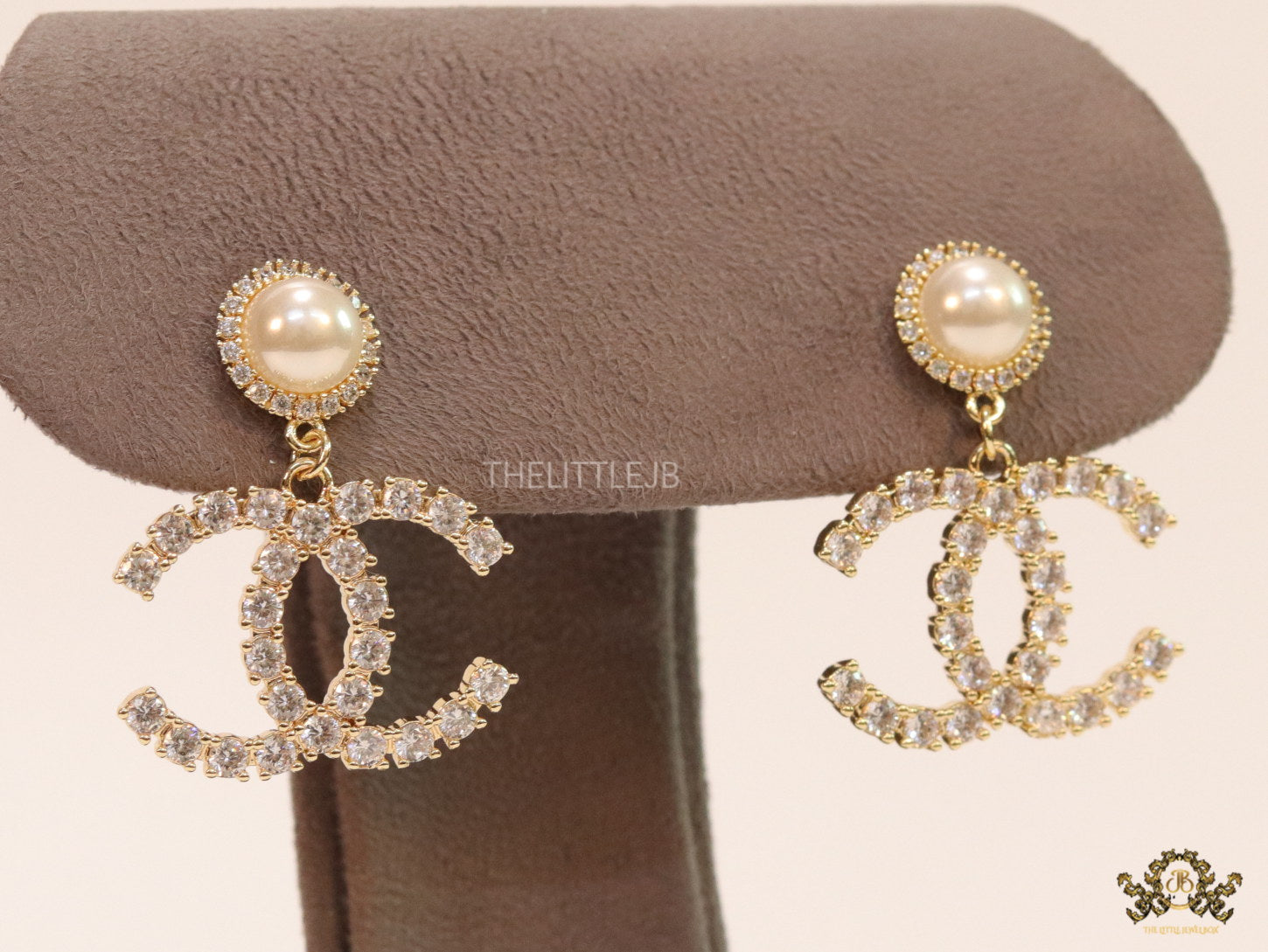Dainty cz and pearl earrings with double C
