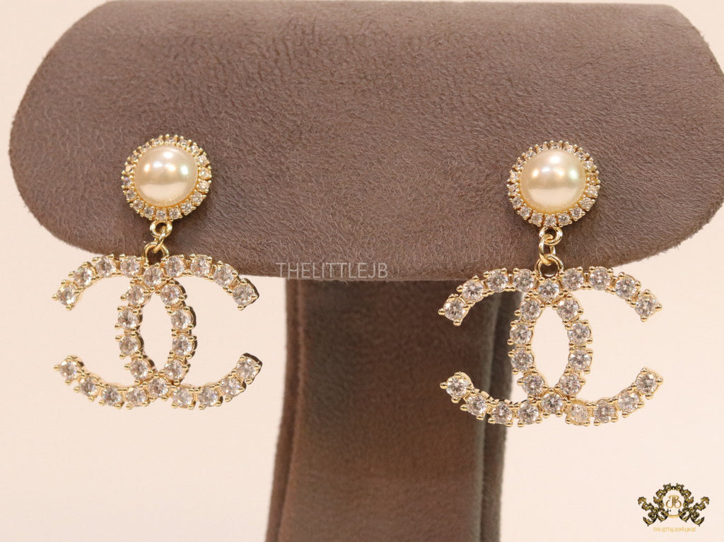 Dainty cz and pearl earrings with double C