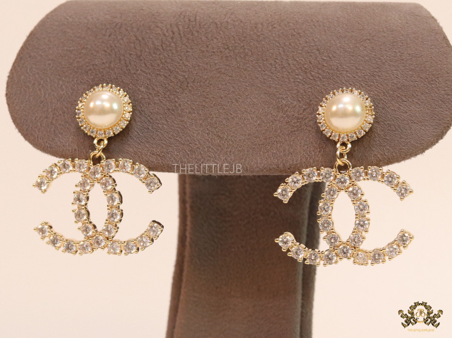 Dainty cz and pearl earrings with double C