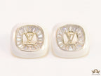 Golden and white square studs with alphabets and cz baguettes
