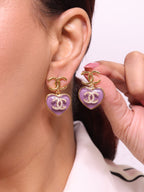 Double C on dangling purple heart gold earrings with CZ