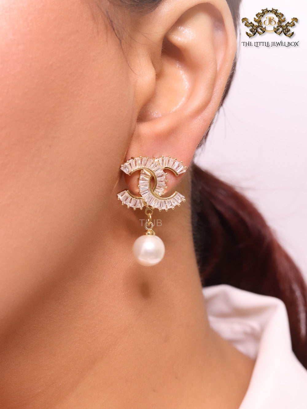 Double C 17 mm baguette CZ with pearl gold earrings