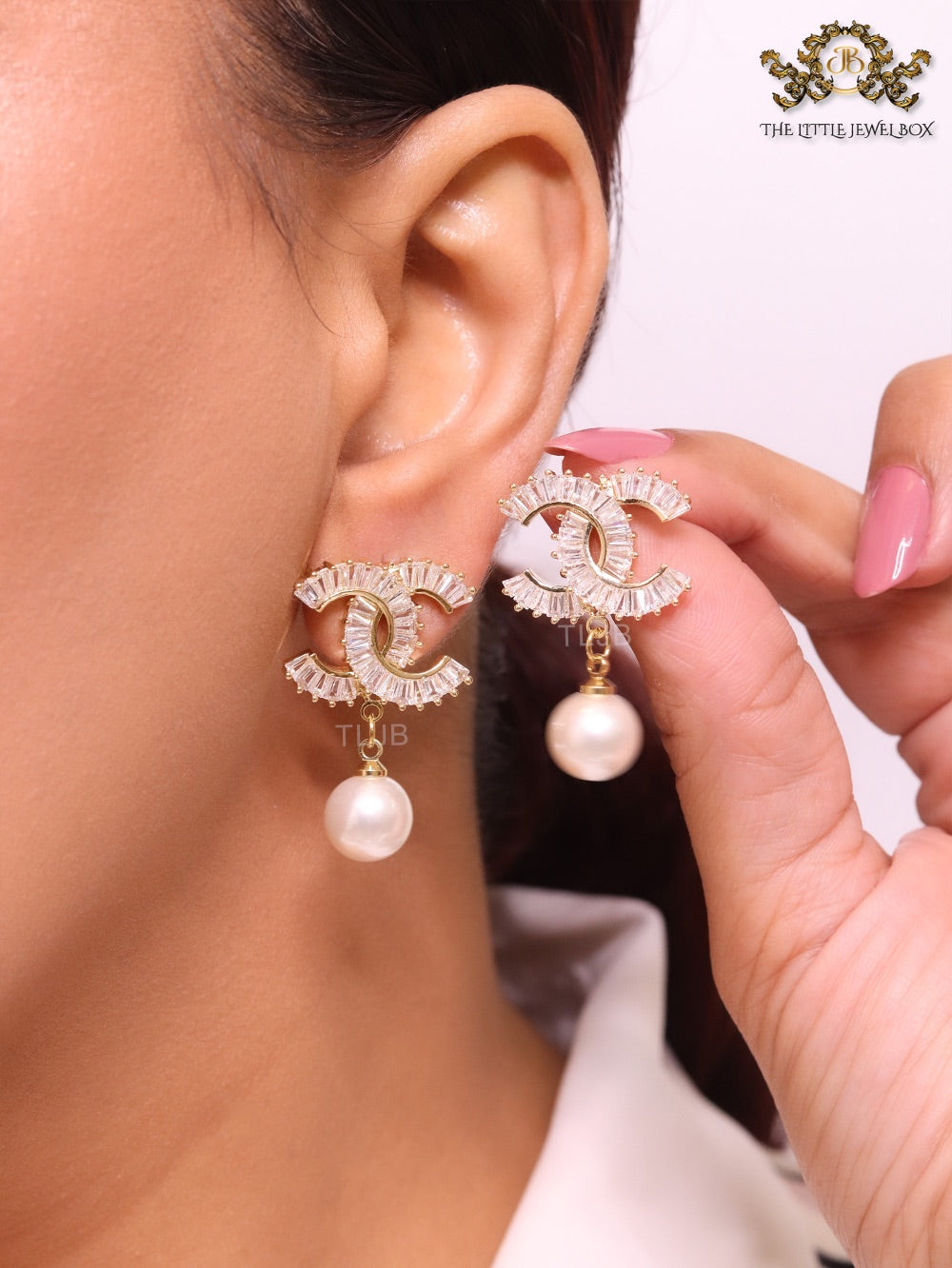 Double C 17 mm baguette CZ with pearl gold earrings