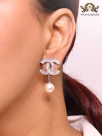 Double C 17 mm baguette CZ with pearl platinum earrings