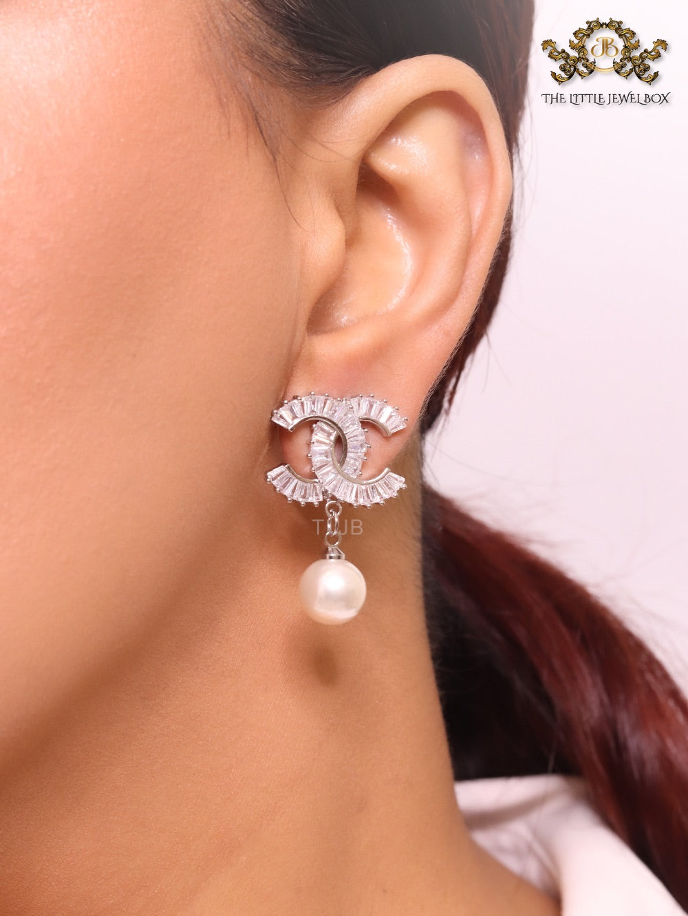 Double C 17 mm baguette CZ with pearl platinum earrings