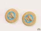 Blue and golden round Medusa stud earrings