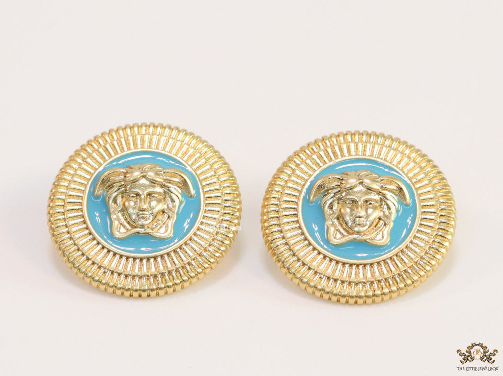 Blue and golden round Medusa stud earrings