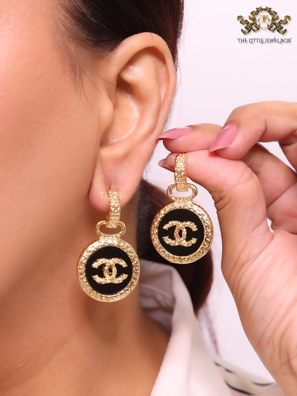 Double C on black enamel hanging gold earrings with CZ