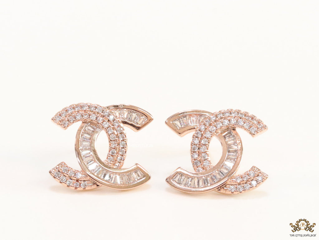 Rose gold plated twin C motif cz baguette studs