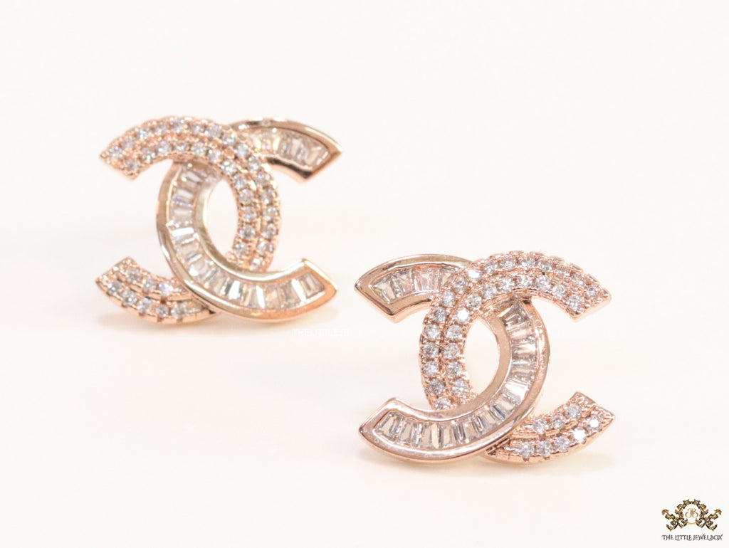 Rose gold plated twin C motif cz baguette studs