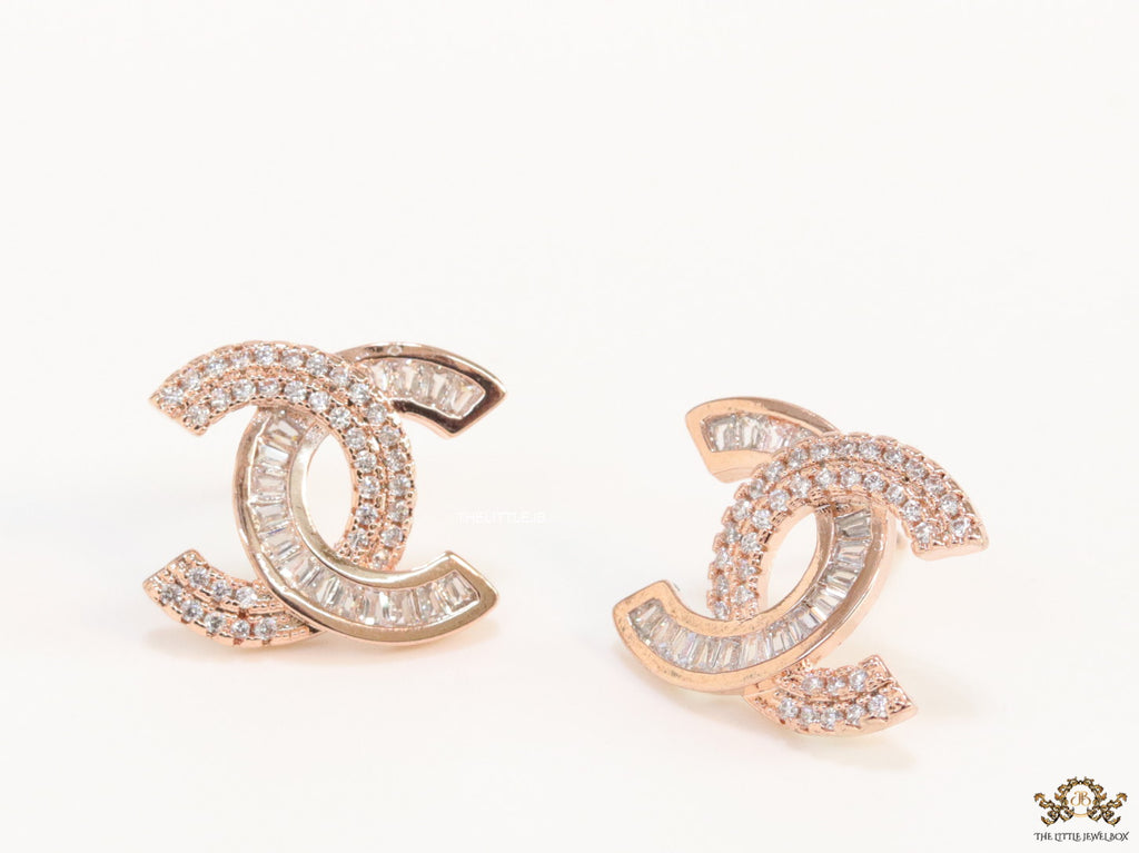 Rose gold plated twin C motif cz baguette studs