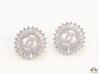 Round platinum studs lined with cz baguettes and twin C cz motif centre