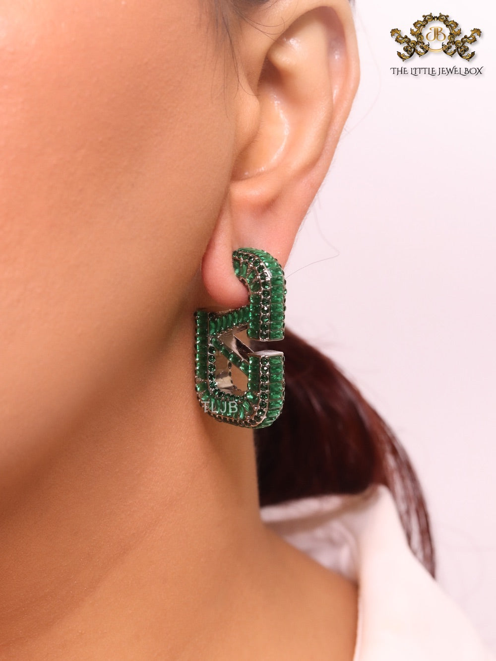 Alphabet V green Stone studded hoops