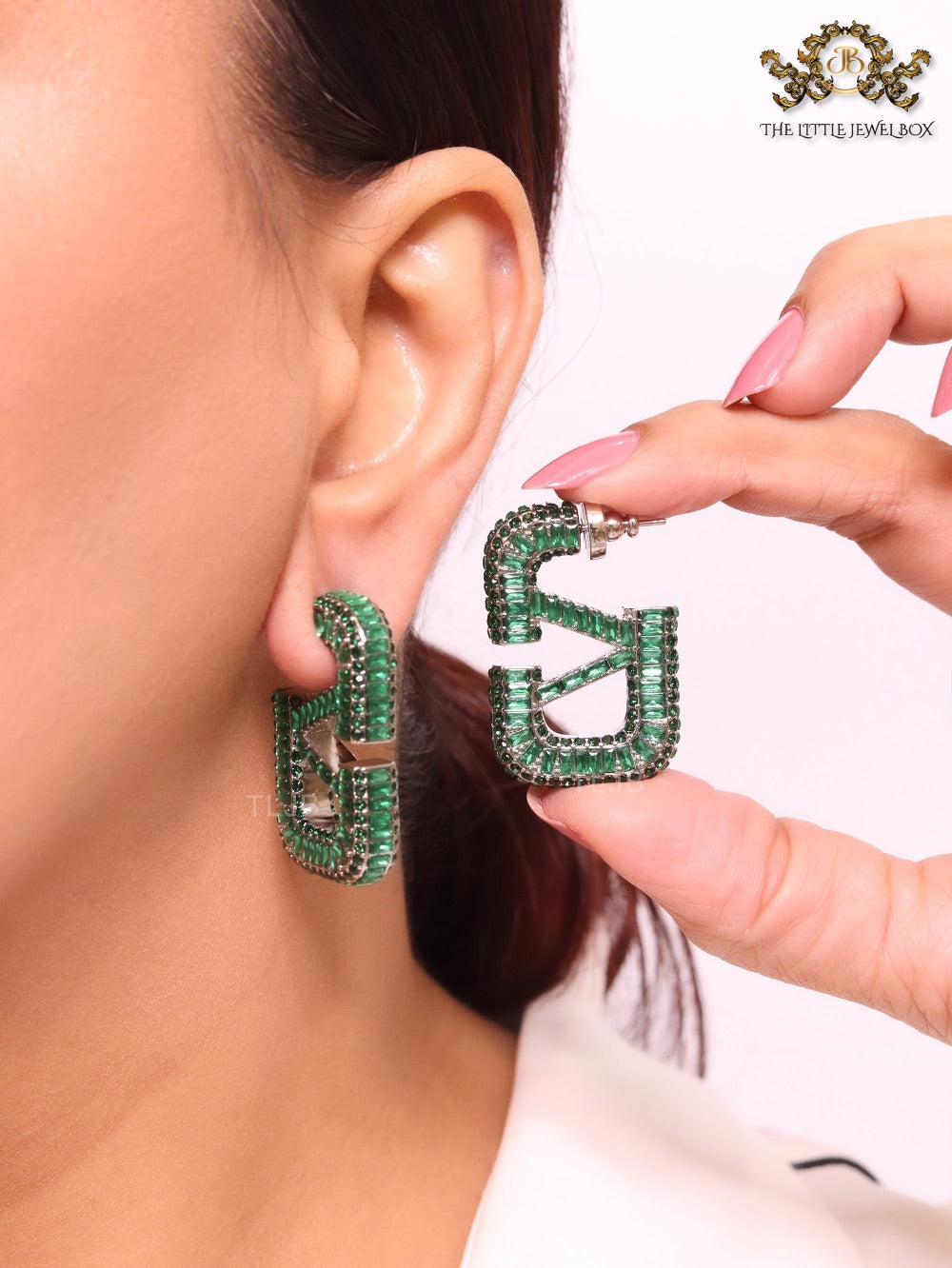 Alphabet V green Stone studded hoops