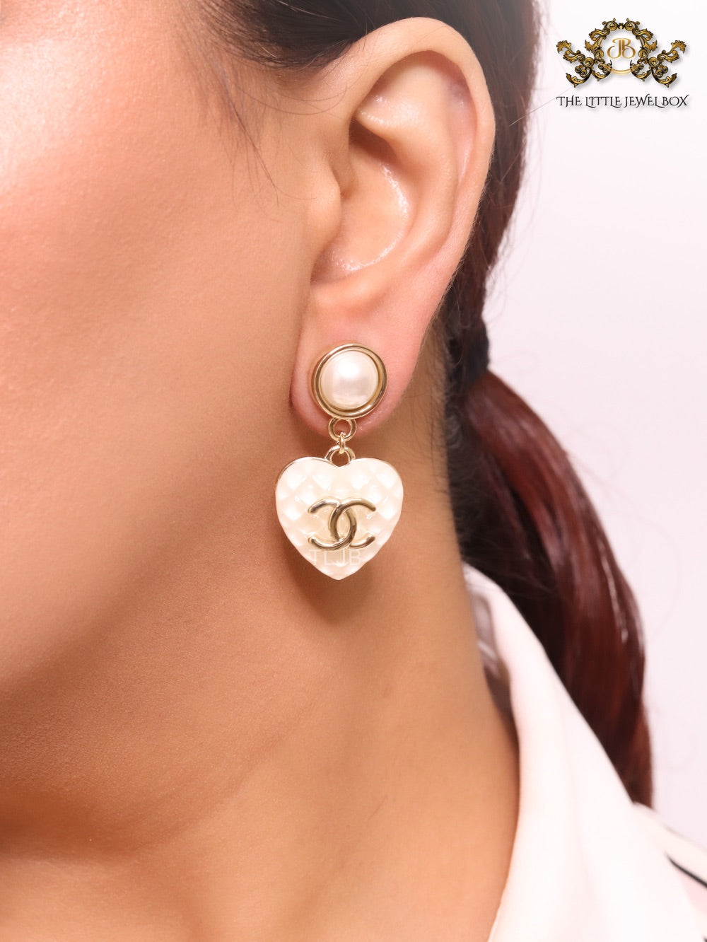 Double C on dangling heart and pearl earrings