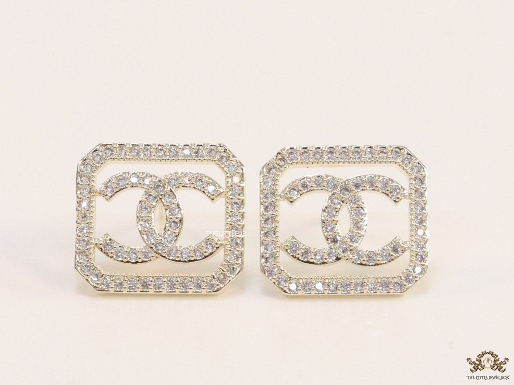 Gold plated square cz stud with twin C motif